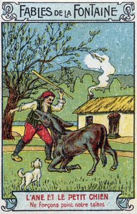 Osioł i piesek - Bajki Jeana de La Fontaine (1621-95) Chromolitografia z końca XIX wieku Kolekcja prywatna autorstwa Unknown artist
