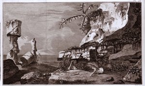 Wyspa Wielkanocna (Rapa Nui) w Polinezji według „kucharza Viaggi del Capitano”, rycina z XIX wieku. autorstwa Unknown artist