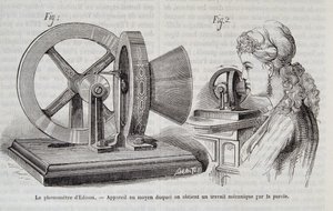 Fonometr Edisona - urządzenie, za pomocą którego uzyskuje się pracę mechaniczną poprzez mowę w „Naturze” 1878. autorstwa Unknown artist
