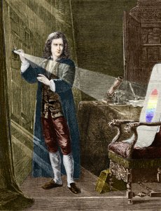Angielski fizyk Isaac Newton (1642-1727) rozkładający światło za pomocą szklanego pryzmatu. Grawerowanie z 1880 roku. autorstwa Unknown artist