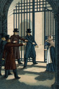 Czterech sierżantów (Bories, Pomier, Raoulx i Goudin) z La Rochelle oskarżonych w ramach Restauracji o chęć obalenia monarchii i gilotyn w 1822 roku. Ich zbrodnią jest przynależność do Charbonnerie (Carboneria). autorstwa Unknown artist