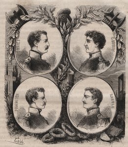 Czterej sierżanci (Jean Francois Bories (1795-1822), Jean Joseph Pommier (1796-1822), Marius Claude Raoulx (1797-1822)) i Charles Goubin (1798-1822) z La Rochelle oskarżeni w ramach Restauracji o chęć obalenia monarchia i gilotyny w 1822 r. autorstwa Unknown artist