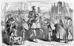 Francuzi udali się do Bordeaux 23 czerwca 1451 pod wodzą Karola VII, kończącego rekonkwistę przeciwko Anglikom. Rycina XIX wieku. autorstwa Unknown artist