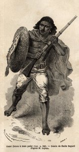 The Game, czyli odważny, ma trzy włosy, abisyński strzelec. Grawer ilustrujący podróż do Abisynii w 1862 r. autorstwa Guillaume Lejean w „Le tour du monde, nouveau journal des voyages” wydanej pod kierunkiem Edouarda Chartona autorstwa Unknown artist