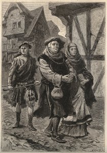 Gartier (The Glover) towarzyszący córce do kościoła - XIX-wieczna ilustracja do powieści historycznej „Ładna dziewczyna z Perth lub Walentynki (lub Piękna panna z Perth) autorstwa autorstwa Unknown artist