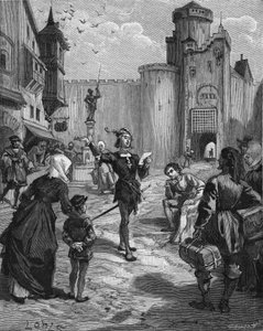 Niemiecki rycerz, poeta i humanista Ulrich von Hutten (1488-1523) deklamuje na ulicy jeden ze swoich wierszy. Rycina XIX wieku. W „Histoire de France” Julesa Micheleta autorstwa Unknown artist