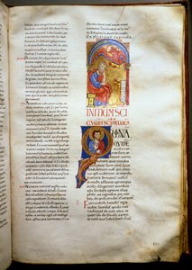 Ewangelia św. Łukasza przedstawia w postaci bulli iluminowaną Biblię (Ms.721-Foglio 223r.) z początku XII wieku. Ciemny. 52,5x36 cm Rzym, Biblioteca Casanatense autorstwa Unknown artist