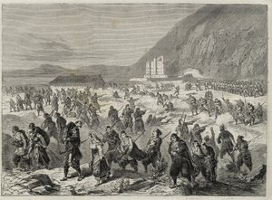 Powstanie w Dalmacji (Bocche di Cattaro) - powstanie przeciwko poborowi narzuconemu przez rząd austriacki - WYDARZENIA W DALMACJI. buntownicy atakujący państwowy fort trinita w pobliżu kataro (Bouches of Kotor) - Zatoka Kotorska - 1869 - autorstwa Unknown artist