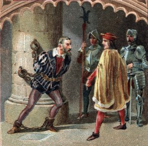 Król Francji Ludwik XII zamknął w zamku Loches w Turenii Ludovic Marie Sforza, znany jako More (Ludovico Maria Sforza detto il Moro) (1452-1508). Chromolitografia z końca XIX wieku autorstwa Unknown artist
