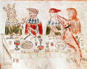 Król Franków Pepin III The Brief (714-768) i jego syn Karol Wielki na bankiecie miniaturowym z XII-wiecznego rękopisu. Wenecja. Biblioteca nazionale marciana. autorstwa Unknown artist