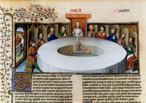 Rycerze Okrągłego Stołu z „Historii Lancelota”. Ukazanie się Świętego Graala przed Rycerzami Okrągłego Stołu, miniatura zaczerpnięta z „Historii Lancelota”, velin autorstwa Unknown artist