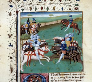 Rycerze Okrągłego Stołu biorący udział w rycerskim turnieju. Miniatura z rękopisu „Powieść o Tristanie” Mistrza Karola z Maine autorstwa Unknown artist
