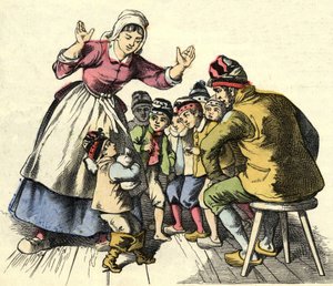 Mały Poulet i jego bracia wracają do domu, do swoich rodziców. Ilustracja do bajki „Le Petit Poucet” autorstwa Charlesa Perraulta autorstwa Unknown artist