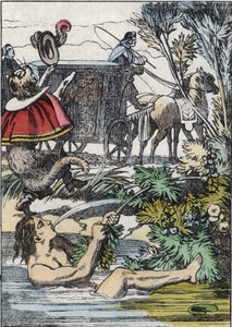 Markiz de Carabas udaje, że tonie, podczas gdy kocica woła o pomoc. Ilustracja do bajki „Kot botte” Charlesa Perrault autorstwa Unknown artist