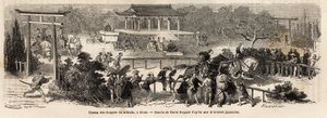 Dziedziniec Giermków Mikado (Cesarz Japonii) w Kioto (lub Kioto), tor treningowo-treningowy dla koni cesarskich. Rycina ilustrująca podróż do Japonii w latach 1863-1864 autorstwa Aime Humberta, ministra Konfederacji Szwajcarskiej, w „Le tour du monde, nouv autorstwa Unknown artist