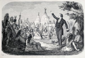 Mormon Prorok Józef Smith nauczający Indian (Ameryka Północna). Ilustracja z XIX wieku. autorstwa Unknown artist