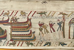Normanowie ciągną swoje statki na morze, Bayeux Tapestry (haft wełniany na płótnie) autorstwa Unknown artist