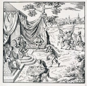Książę Condé uzyskał od Karola IX (1550-1574) edycję, dzięki której zezwolił kalwinom na praktykowanie swojej religii w królestwie (Pokój St Germain podpisany 08.08./1570) - w „Zbiorze 39 figur przedstawiających nieszczęścia Francji autorstwa Unknown artist