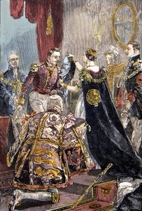 Królowa Wiktoria inwestuje cesarza Francuzów w Order Podwiązki w zamku Windsor autorstwa Unknown artist