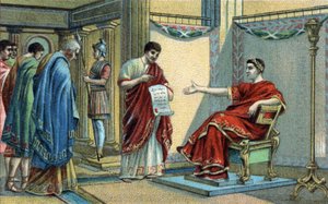 Cesarz rzymski Konstantyn (272-337) ustanowił pierwsze prawa religijne dotyczące równości wyznań. Chromolitografia z końca XIX wieku. autorstwa Unknown artist