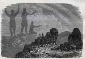Widmo Brocken w górach Harz - widmo Brocken lub widmo Brocken - grawerowanie z 1877 roku autorstwa Unknown artist