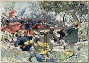 Sudańskie wojska Samory Toure (ok. 1835-1900) zostały umieszczone za brzegami rzeki Cavalby przez francuską kolonię pod dowództwem porucznika Walfela. Sudan, 9 września 1898 r. Ilustracja w „”Le Pelerin”” z 9 października autorstwa Unknown artist