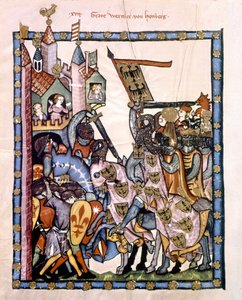 Szwajcarski poeta i rycerz Graf Werner von Homberg (1284-1320) na usługach cesarza Henryka VII oblegał warownię bronioną przez wojska Angevine na Sycylii. Miniatura Kodeksu „Manesse” lub „Manessesche Liederhandschrift”, przy której znajduje się rękopis autorstwa Unknown artist