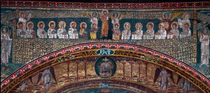 Wizja Niebiańskiej Jerozolimy: Wybrani są mile widziani przez aniołów. Poniżej baranek Boży. Szczegół. Mozaika około 830. Łuk triumfalny bazyliki Santa Prassede, Rzym autorstwa Unknown artist