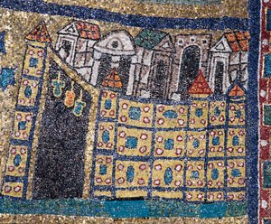 Wizja Niebiańskiej Jerozolimy: szczegół Jerozolimy przedstawiony w ufortyfikowanym cytacie. Mozaika około 830. Łuk triumfalny bazyliki Santa Prassede, Rzym autorstwa Unknown artist