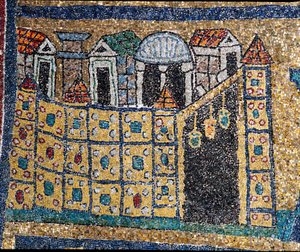 Wizja Niebiańskiej Jerozolimy: szczegół Jerozolimy przedstawiony w ufortyfikowanym cytacie. Mozaika około 830. Łuk triumfalny bazyliki Santa Prassede, Rzym autorstwa Unknown artist