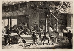 Animacja domu i działania ulicy. Grawer ilustrujący wyprawę do Japonii w latach 1863-1864 autorstwa Aime Humberta, ministra Konfederacji Szwajcarskiej, w „Le tour du monde, nouveau journal des voyages”” wydawanym pod kierunkiem autorstwa Unknown artist
