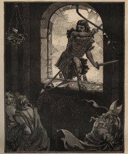 Sztuka szkła: malowane witraże. Żołnierze Teodoryka rozbijają witraż, aby wejść do kościoła Brioude (Haute Loire) w 521 roku. Rycina z 1885 roku w „Les arts et metiers illustres” Adolphe BITARD. autorstwa Unknown artist