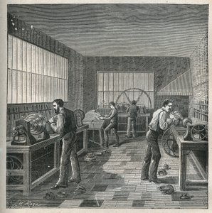 Sztuka tokarska: obróbka metalu w warsztacie tokarza-odpychacza. Grawer z 1885 roku w „Les arts et metiers illustres” Adolphe BITARD. autorstwa Unknown artist
