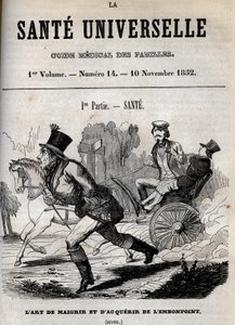 Sztuka chudnięcia i nadwagi: jeden człowiek chodzi, drugi jest przewożony powozem - grawerowanie w „La Sante Universelle - Guide Medical des Familles” 1852 autorstwa Unknown artist