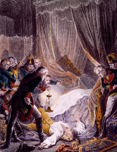Zabójstwo Pawła I Pietrowicza (1754-1801), rosyjskiego cara w jego pokoju w Pałacu św. Michała po tym, jak został zmuszony do podpisania swojej abdykacji. Grawer około 1801 r. Kolekcja prywatna autorstwa Unknown artist