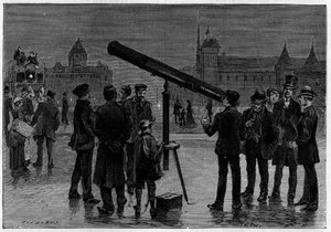Astronom i jego astronomiczna luneta na Place du Chatelet w Paryżu w czasie obserwacji planety Wenus w lutym 1889 r. Grawer w „” La Nature. Revue des sciences et de ses applications aux arts et a l