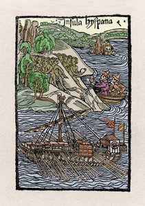 Barka w Hispanioli autorstwa Krzysztofa Kolumba (1451-1506). Rycina z „”De insulis in mare Indico super inventis””, Bale 1493-1494 (łac. tłumaczenie raportu Kolumba do króla Hiszpanii). autorstwa Unknown artist