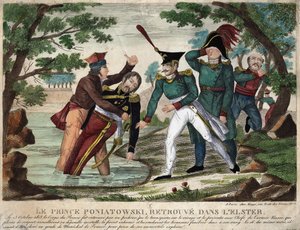 Ciało księcia Józefa (Józefa) Antoniego Poniatowskiego (zm. 1763) znalezione w rzece Elster 23 października 1813 r., rycina przedstawiająca czas autorstwa Unknown artist