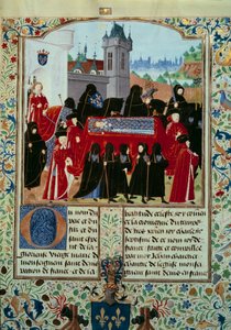 Ciało zmarłego króla Karola VI (1368-1422) zostaje wywiezione, za procesję nowego króla Karola VII (1403-1461) z 22.10.1422 r. Miniatura z rękopisu „Kroniki Karola VII” .fr. 2691) przez Jean Chartier autorstwa Unknown artist