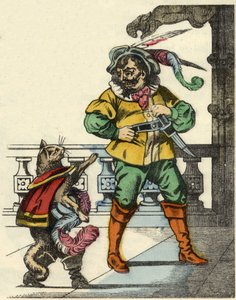 Kot buta spotyka ogra. Ilustracja do bajki „Kot botte” Charlesa Perrault autorstwa Unknown artist