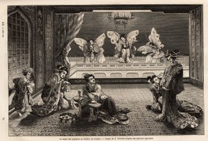 Balet motyli w Teatrze Gankiro w Miyozaki Pleasure District w Jokohamie. Grawer ilustrujący podróż do Japonii autorstwa Aime Humberta, ministra Konfederacji Szwajcarskiej, w latach 1863-1864, opublikowany w „”le tour du monde””, pod tytułem autorstwa Unknown artist