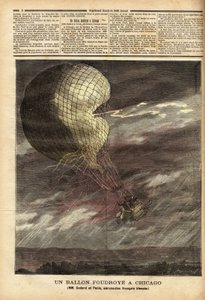 Balon na uwięzi (balon na uwięzi) francuskich panów Godarda i Panisa, ofiary wypadku spowodowanego przez burzę w dniu 7 lipca, na terenie Wystawy Światowej w Chicago, w pełnym locie, został uderzony i uderzony, raniąc dwóch lotników gr autorstwa Unknown artist