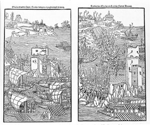 Zdobycie Rodos przez Turków w 1522 roku. Turcy atakują twierdzę św. Mikołaja. Drzeworytnictwo. autorstwa Unknown artist