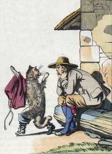 Kot prosi swojego pana o ubrania i buty i obiecuje, że wkrótce będzie bogaty. Ilustracja do bajki Charlesa Perraulta „Le chat botte” autorstwa Unknown artist