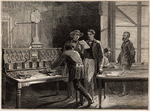 Centralna stacja telegraficzna w fabryce Creusot. Grawerowanie ilustrujące podróż do Creusot i kopalni Saone i Loire, w 1865 r., L. Simonin, w „Le tour du monde, nouveau journal des voyages” opublikowanym pod kierownictwem Edouarda C. autorstwa Unknown artist