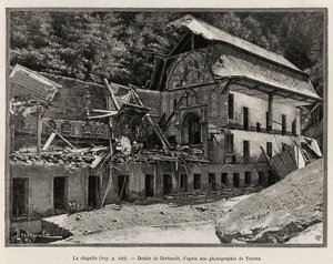 Kaplica zniszczona przez wylew Arve. Grawer Berteault ilustrujący historię „La catastrophe de Saint Gervais les Bains”” autorstwa Unknown artist