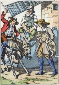 Dzieci zmarłego przewodnika dzielą jego majątek: osioł, młyn i kot. Ilustracja do bajki „Kot botte” Charlesa Perrault autorstwa Unknown artist