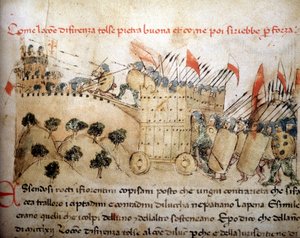 Miasto Florencja podbiło Pietrabuona, którą później przejęli mieszkańcy Lukki – w „Croniche del Sercambi”, około 1400 r. Archiwum Narodowe, Lucca. autorstwa Unknown artist