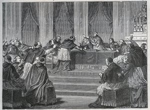 Duchowny Francji i Włoch spotkał się w Paryżu na Zjeździe Francuskiej Rady Narodowej 9 czerwca 1811 r. pod przewodnictwem kardynała Fescha (1763 - 1839). autorstwa Unknown artist