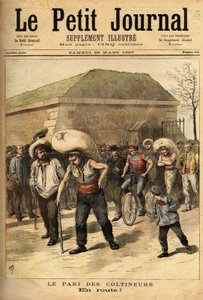 Zakład coltineurs, worek o wadze 100 kilogramów, zakład polega na połączeniu Paryża i Corbeil pieszo (32 kilometry), zwycięzca Jean Labas pokonał wyścig w 14 godzin (12 godzin przed drugim). Grawer w „”Le petit journal”” 25.03.1893. Selva autorstwa Unknown artist